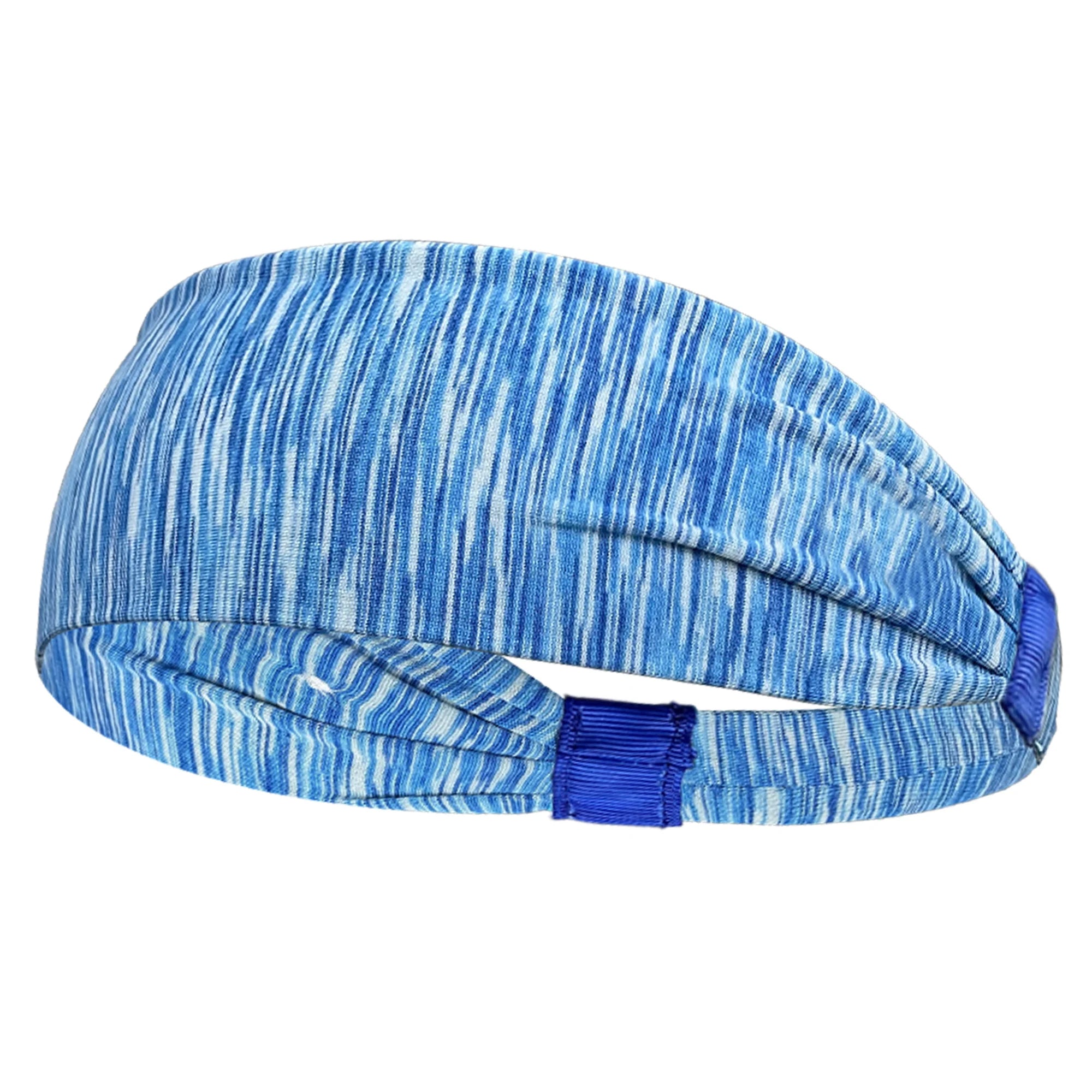 Blue marl sports headband with a gathered front and a solid blue elastic band detail at the back.