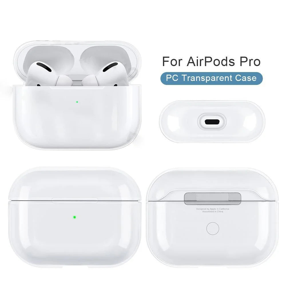 Clear, transparent PC case for Apple AirPods Pro, showing front, back, and open views with earbuds inside.