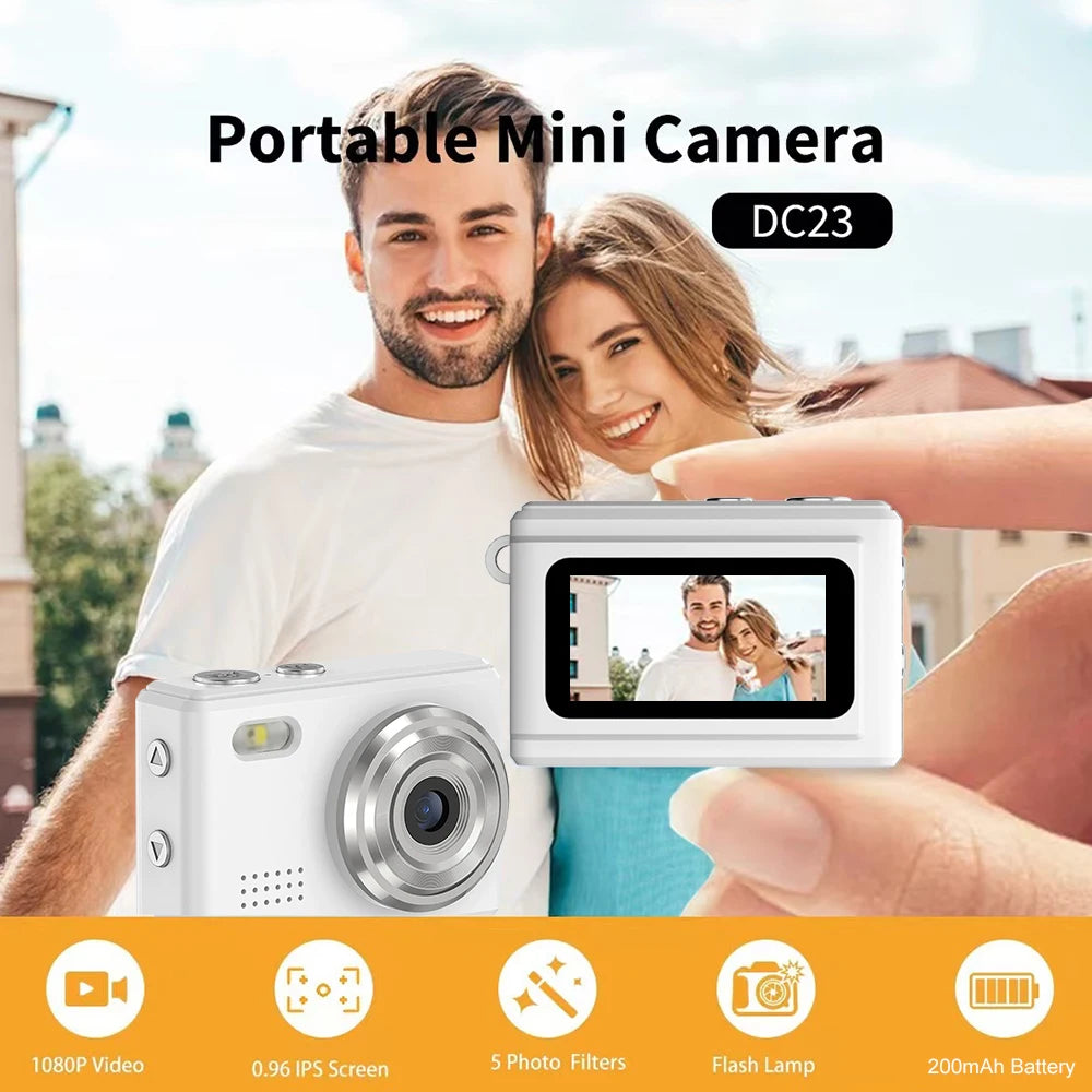 White plastic portable digital mini camera with 0.96-inch screen, 1080p video, flash, and 200mAh battery.