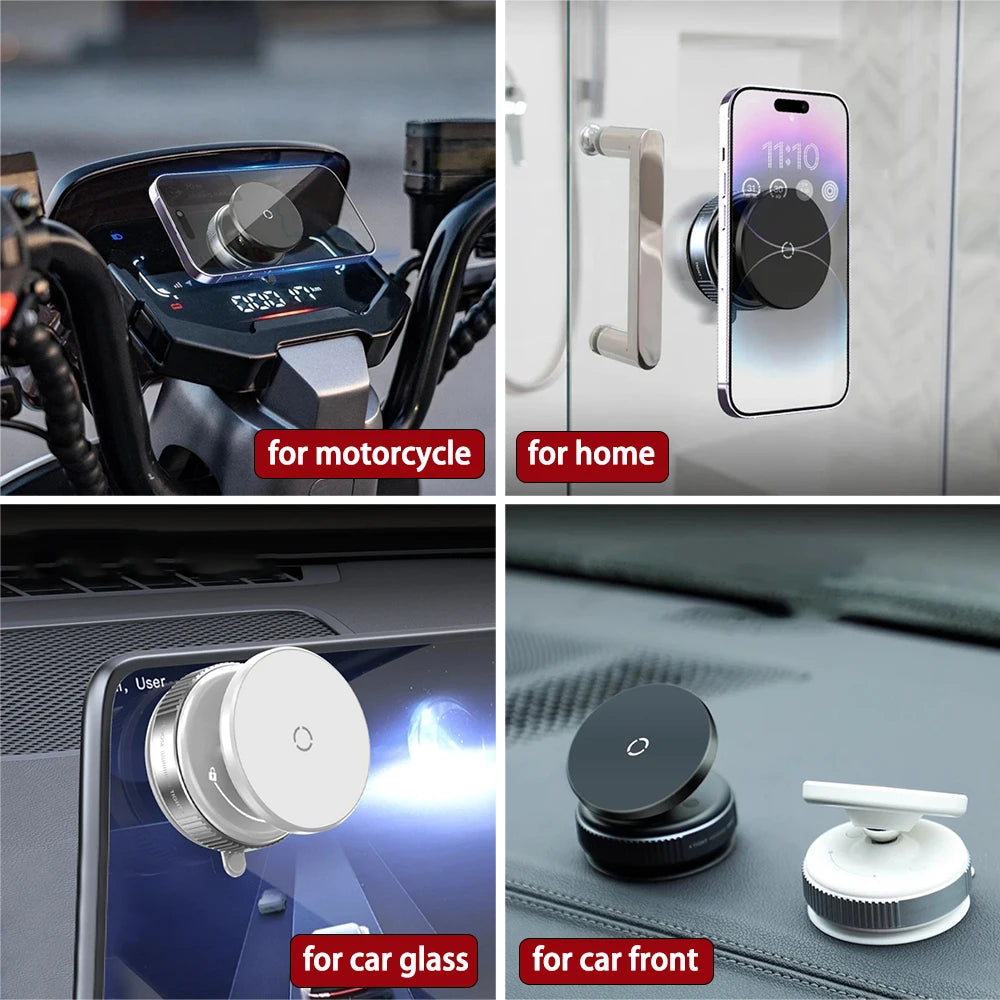 Four-panel image showing a versatile, circular magnetic phone mount in black or white used on motorcycles, home, and cars.
