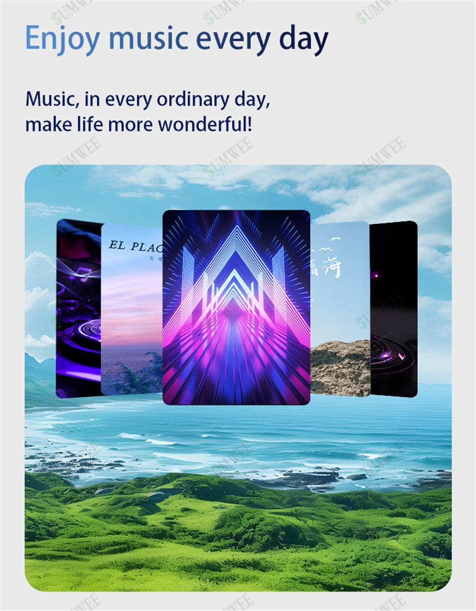Seven-inch wall-mounted smart home control panel displaying vibrant, customisable digital themes against a scenic backdrop.
