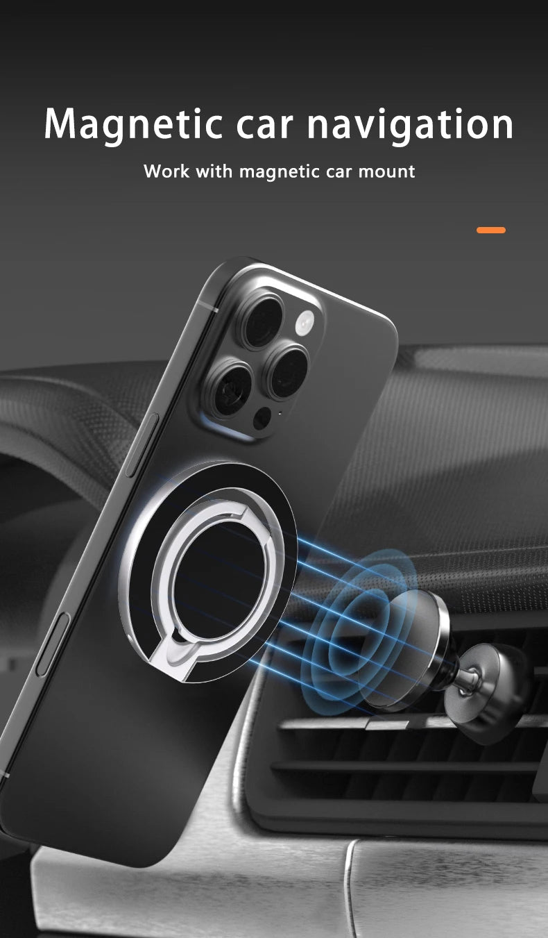 Black smartphone with a circular magnetic ring attachment hovering near a circular magnetic car air vent mount.