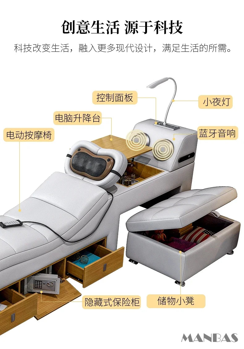 Modern grey upholstered smart bed with massage cushion, storage drawers, safe, desk, integrated lamp, and Bluetooth.