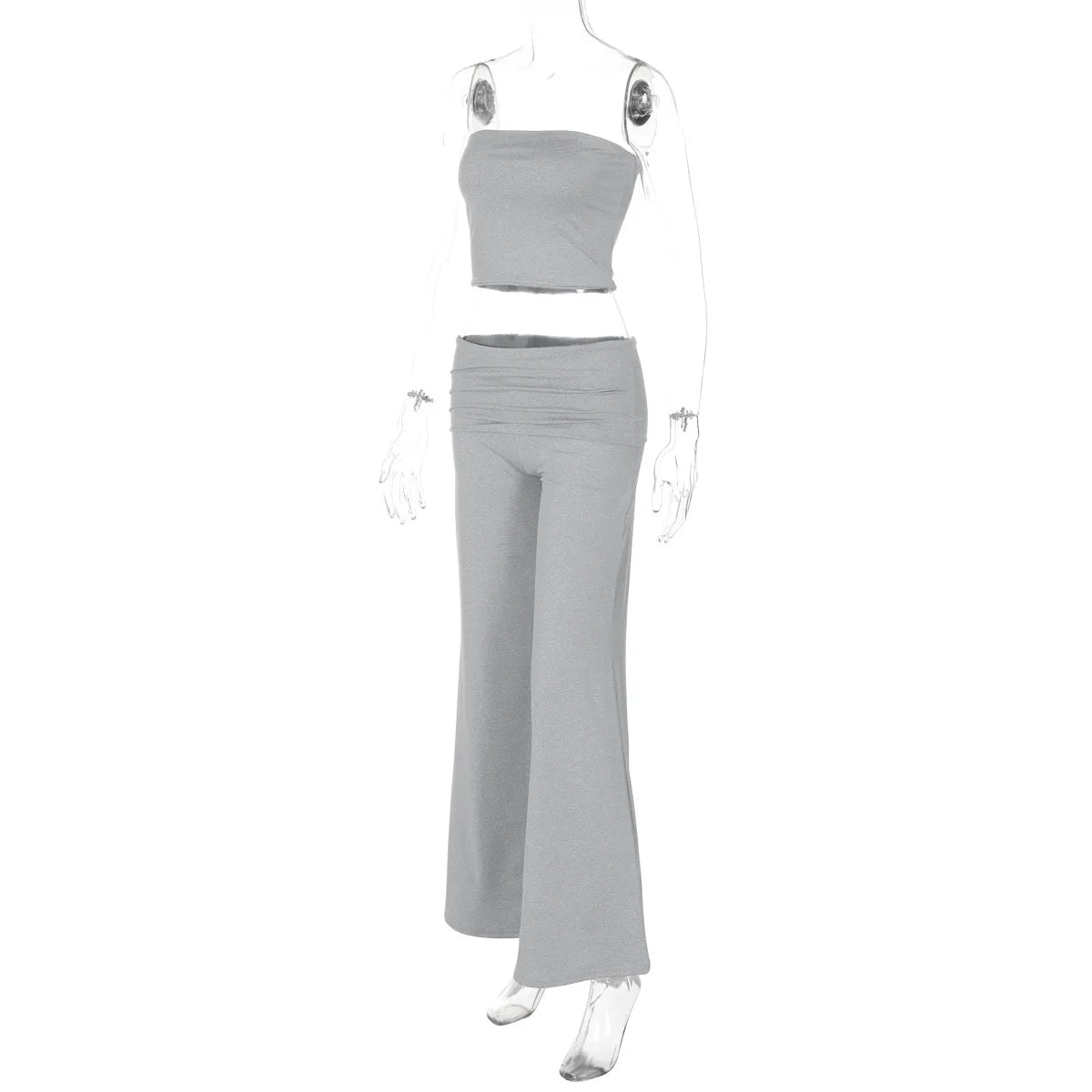 Grey two-piece set featuring a strapless crop top and high-waisted, wide-leg trousers on a mannequin.