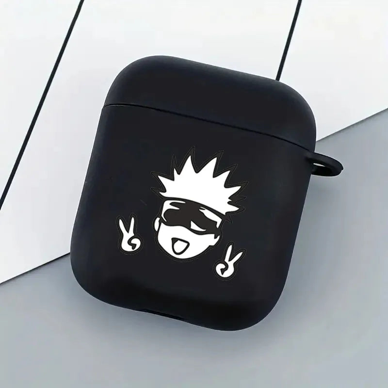 Black silicone AirPods 1/2 case with a white Gojo anime character graphic making peace signs.