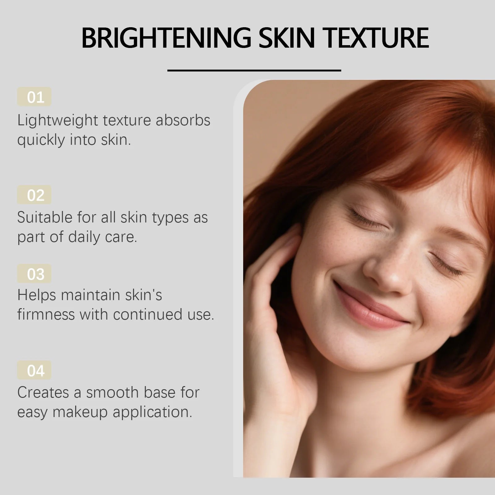 Brightening skin texture product infographic with benefits list and a smiling woman with ginger hair.