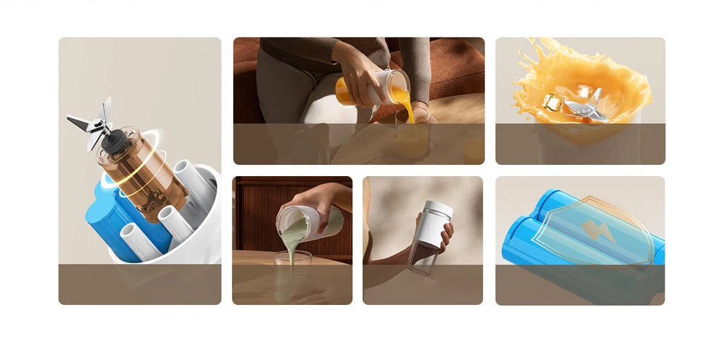 Portable white blender with powerful blades, rechargeable battery, and clear cup shown blending smoothies and juice.
