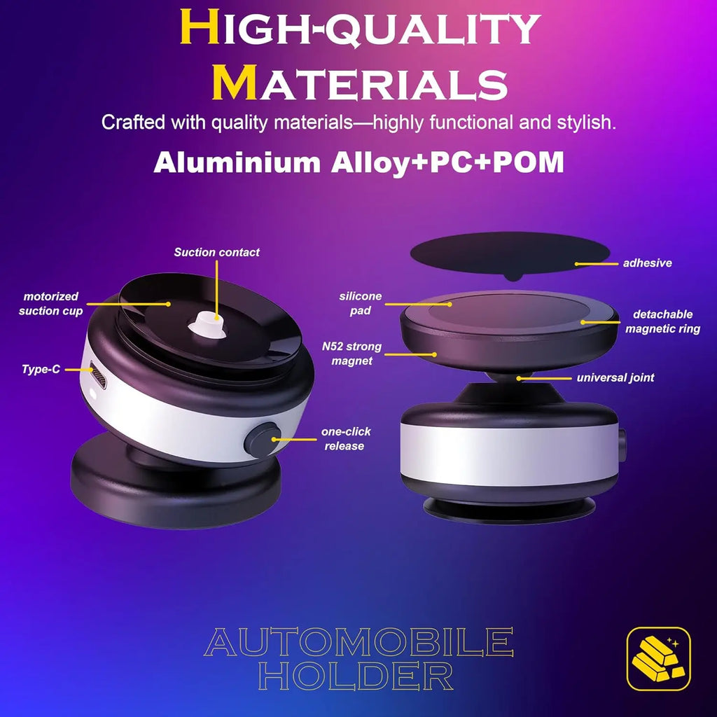 Black and silver magnetic car phone mount with a motorized suction cup, universal joint, and one-click release button.