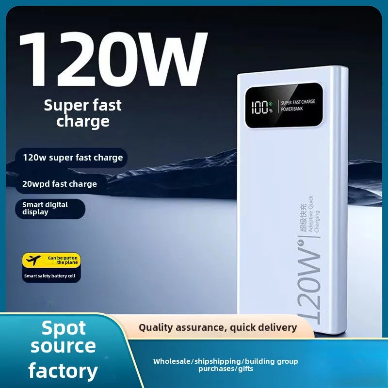 Sleek white 20,000mAh portable power bank with a digital LED display and 120W super-fast charging capability.