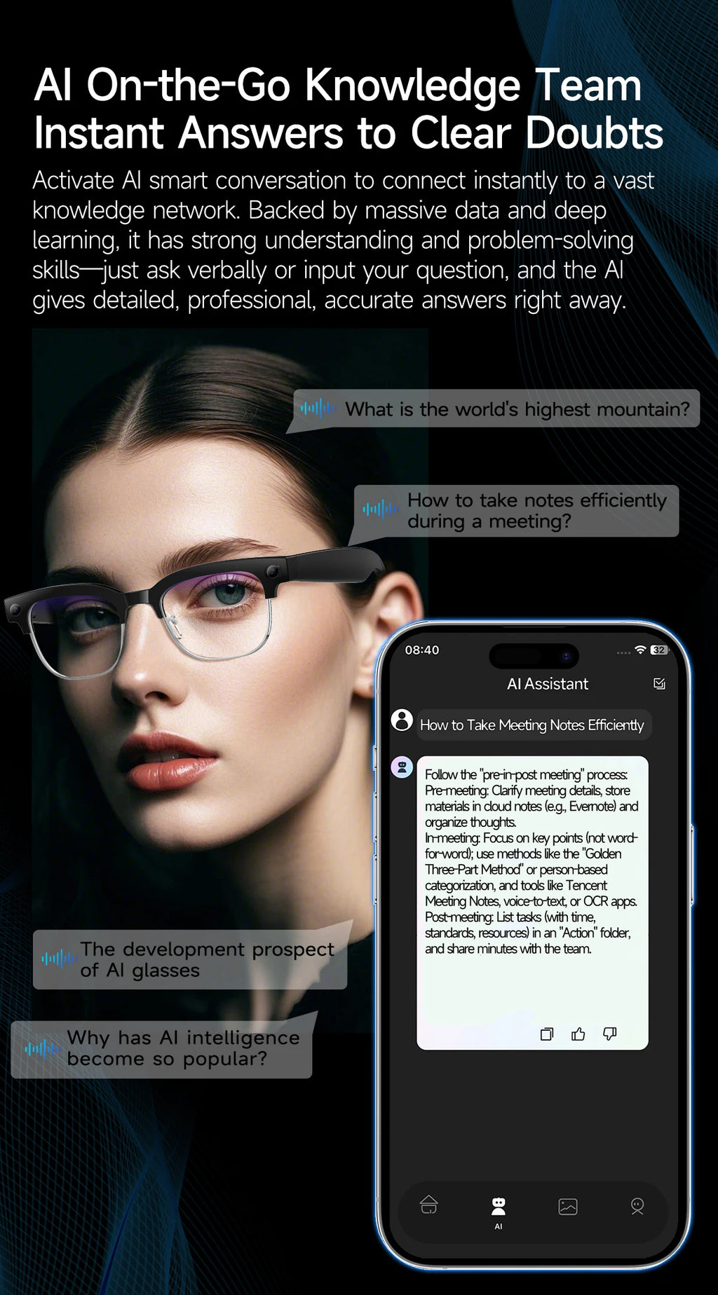 A woman wearing sleek black smart glasses with an integrated camera, shown alongside a smartphone AI assistant app.