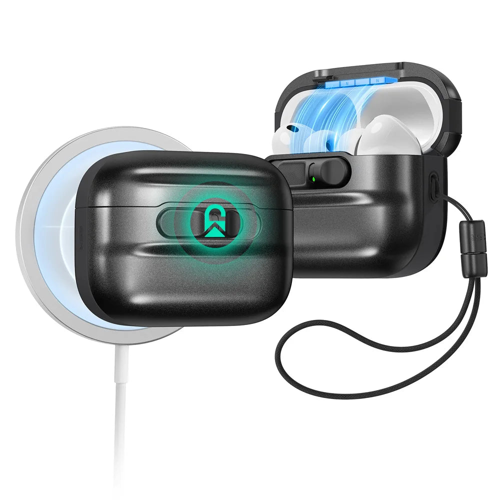Black rugged AirPod Pro case with secure lock, lanyard, and wireless charging compatibility.