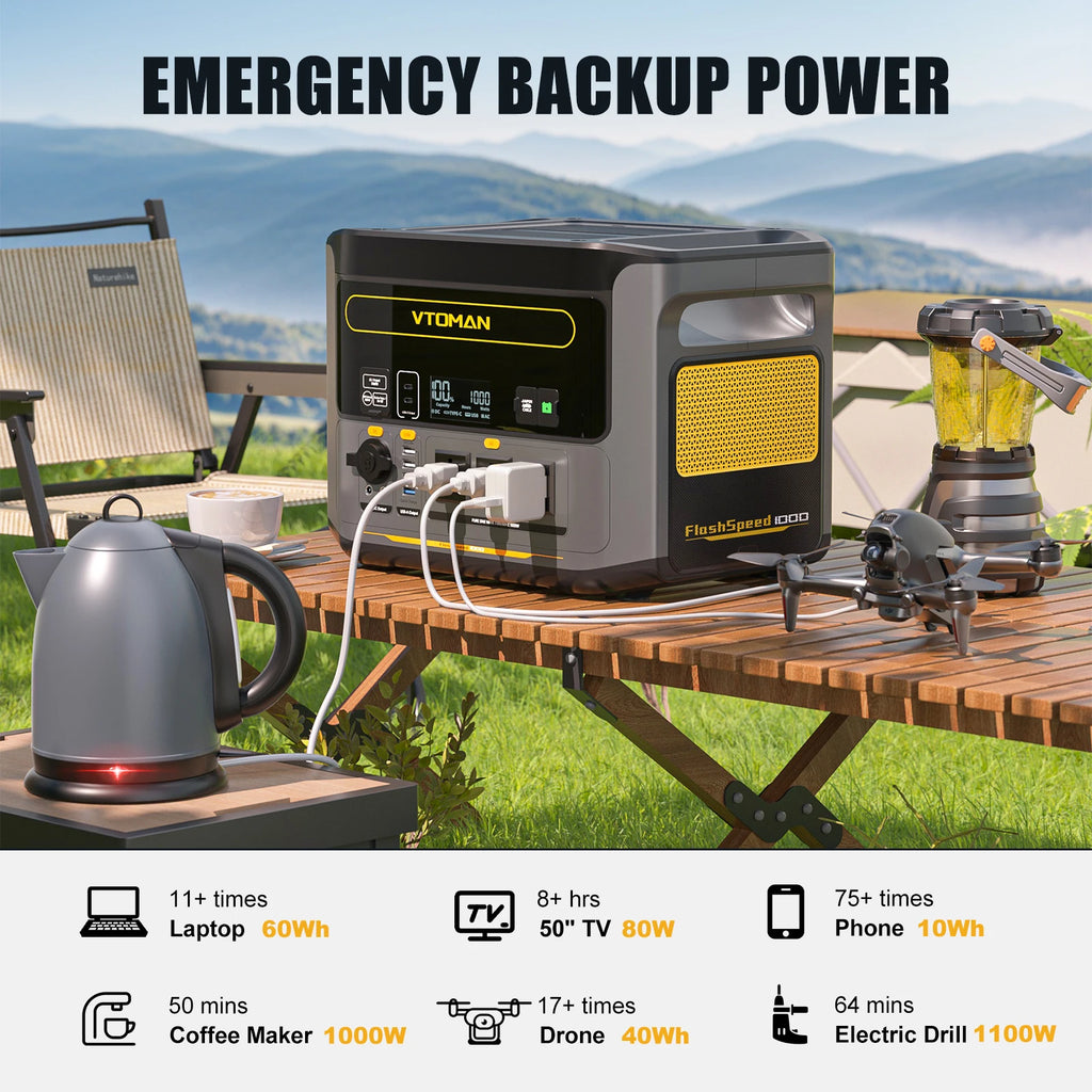 VTOMAN FlashSpeed 1000 portable power station on a table powering a kettle, drone, and lantern in an outdoor setting.