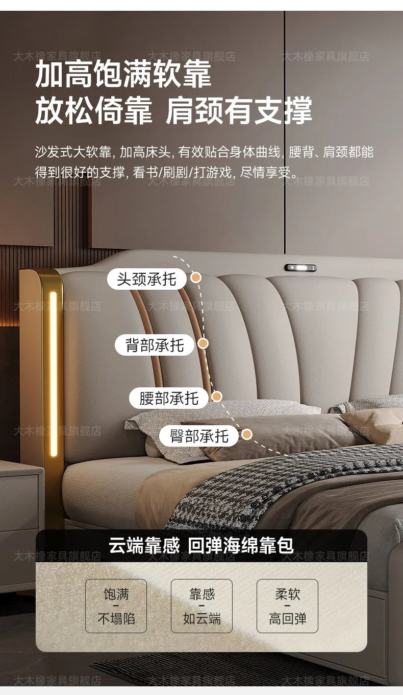 Luxury modern French-style upholstered bed in cream, featuring a high, tufted headboard with integrated gold lighting.