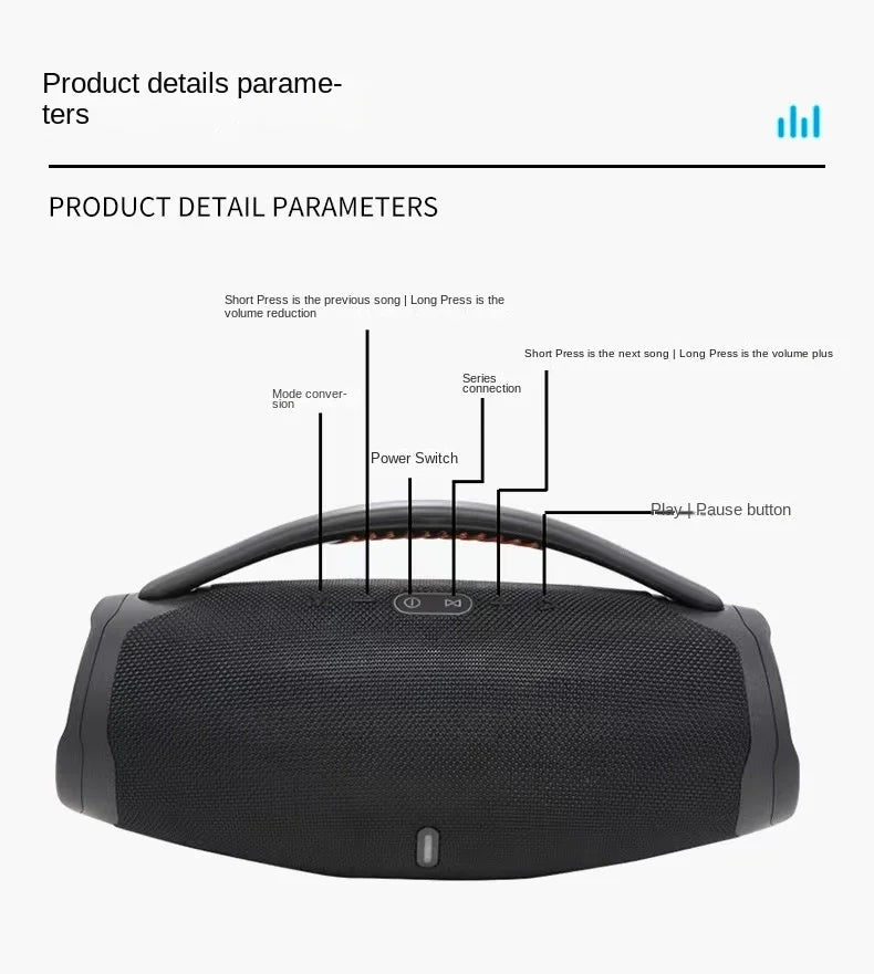 Black portable 100W waterproof Bluetooth speaker with an integrated carry handle and top-mounted control buttons.