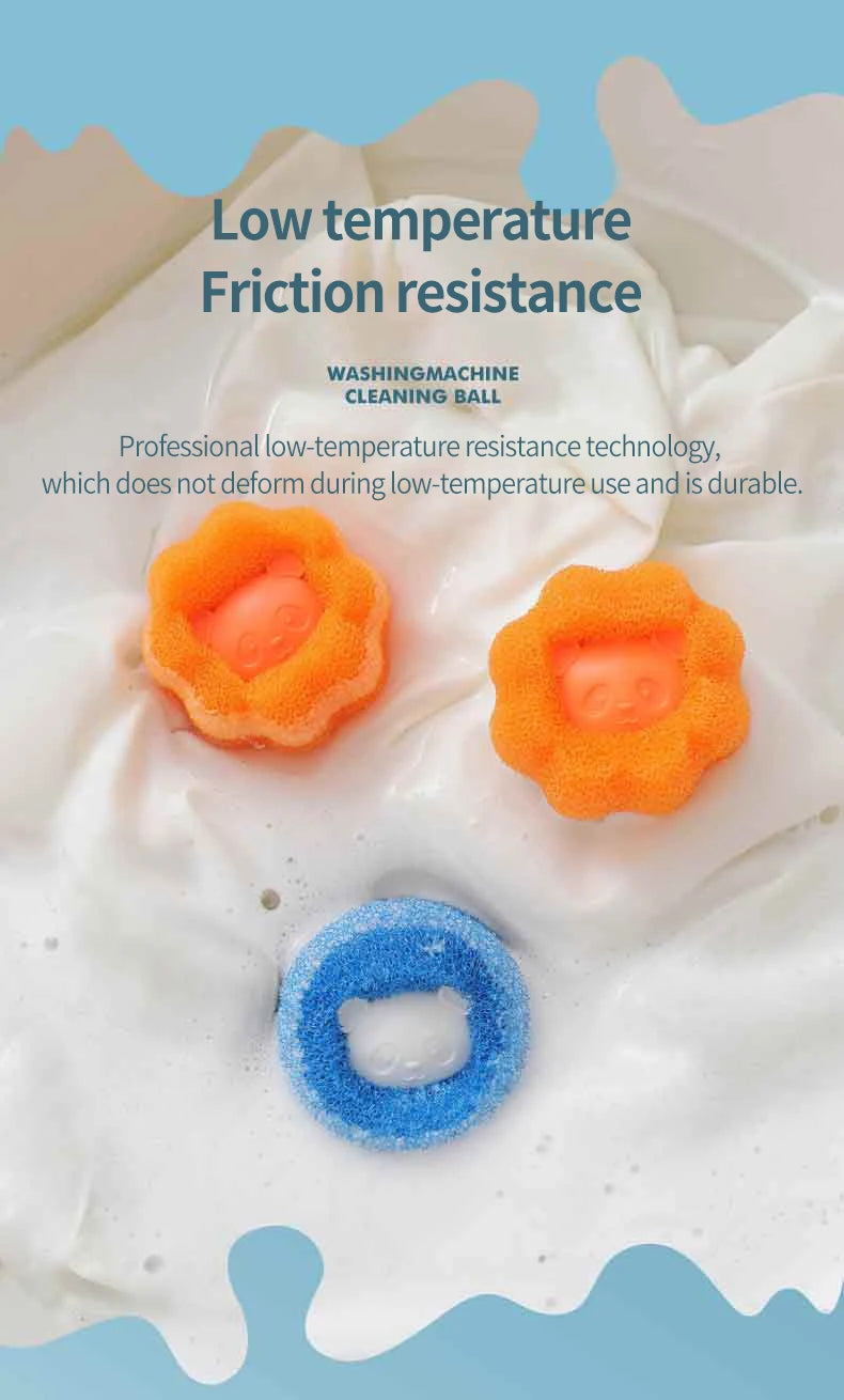 Two orange and one blue sponge washing machine balls, each featuring a cute bear-shaped centre.