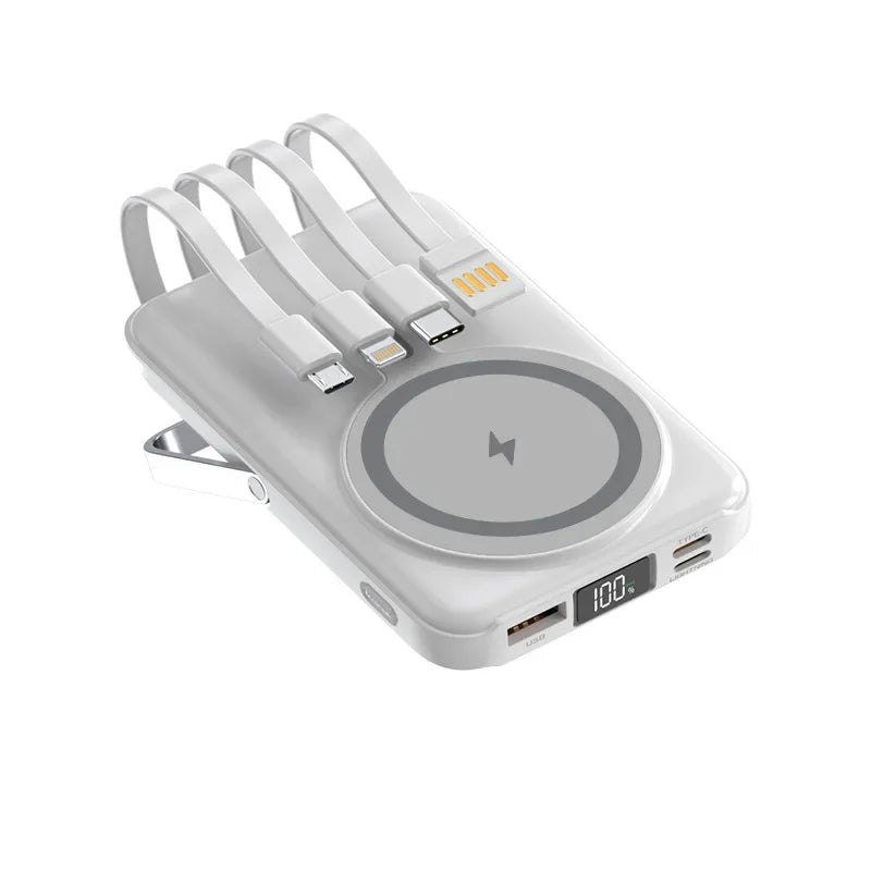 White 20000mAh magnetic power bank with integrated charging cables, wireless charging pad and digital battery display.