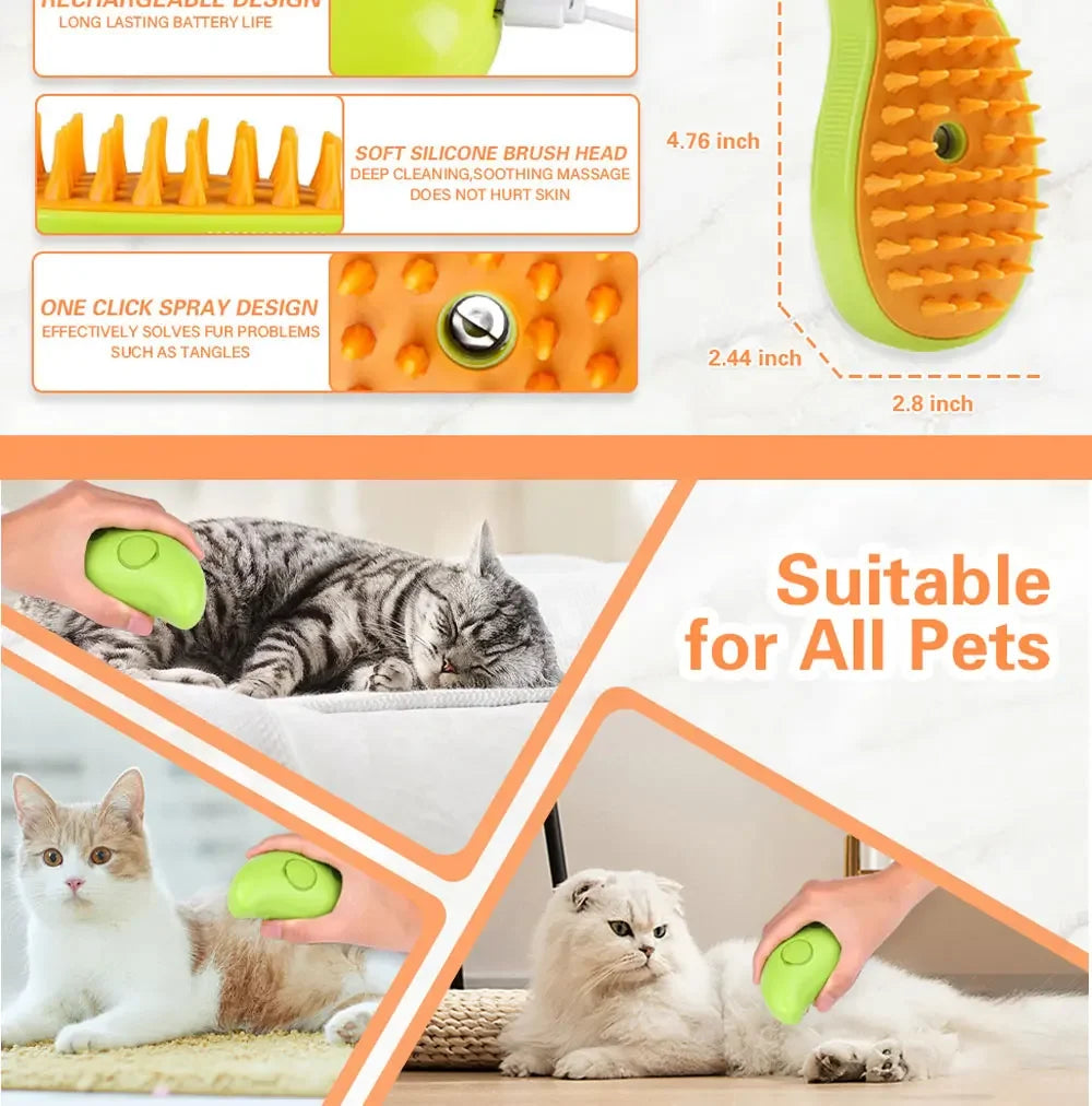 Lime green 3-in-1 electric pet grooming brush with soft orange silicone bristles, spray function, and USB charging.