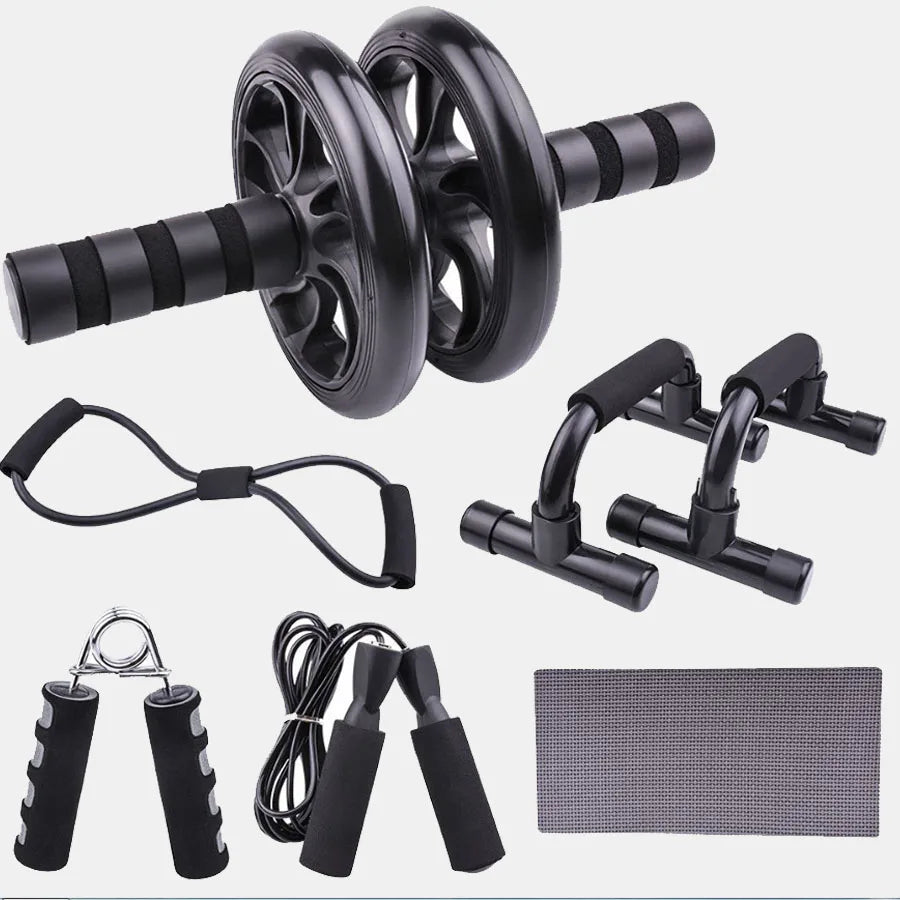 7-piece black home fitness set: ab wheel, push-up bars, resistance band, hand grip, skipping rope, and kneeling mat.