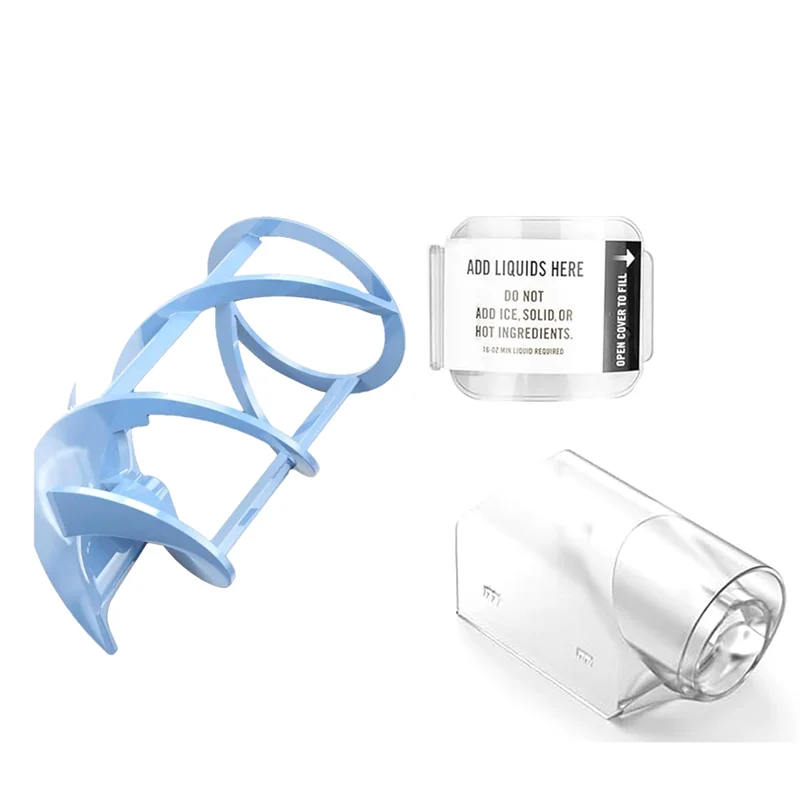 Replacement parts for a slushie maker: a pale blue plastic auger, a fill-instruction lid, and a clear plastic sleeve.