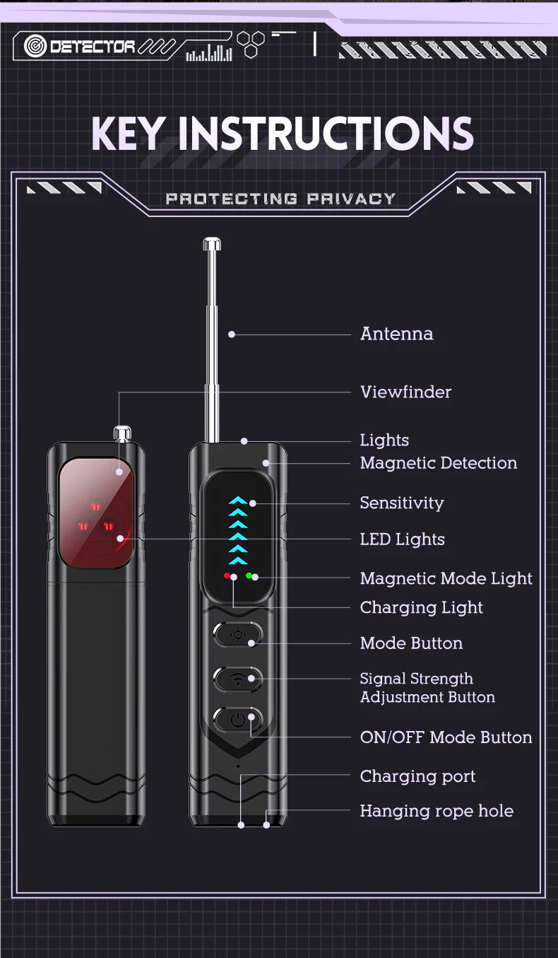 Black plastic anti-spy detector with an extendable antenna, LED indicators, and buttons for signal and mode adjustment.