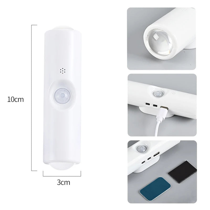 White, cylindrical rechargeable LED wall lamp with motion sensor, USB charging port, and adhesive mounting pads.