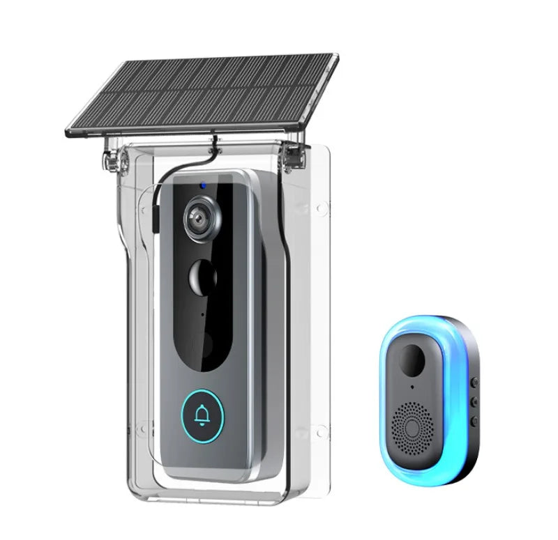 Wireless smart video doorbell with solar rain shield and matching chime unit in a modern black and grey finish.
