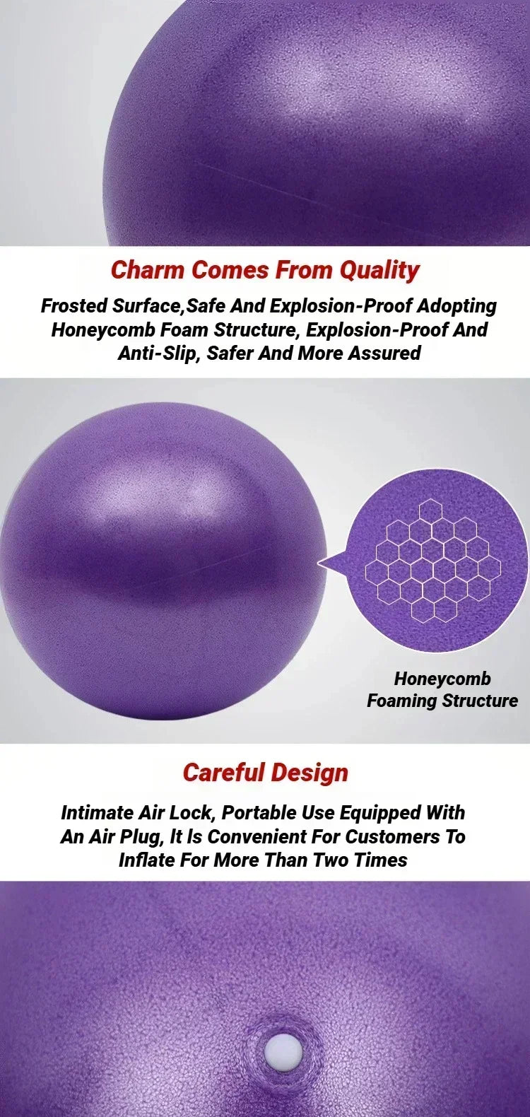 Purple exercise ball with a frosted, anti-slip surface and honeycomb foam structure, including an inflation plug.