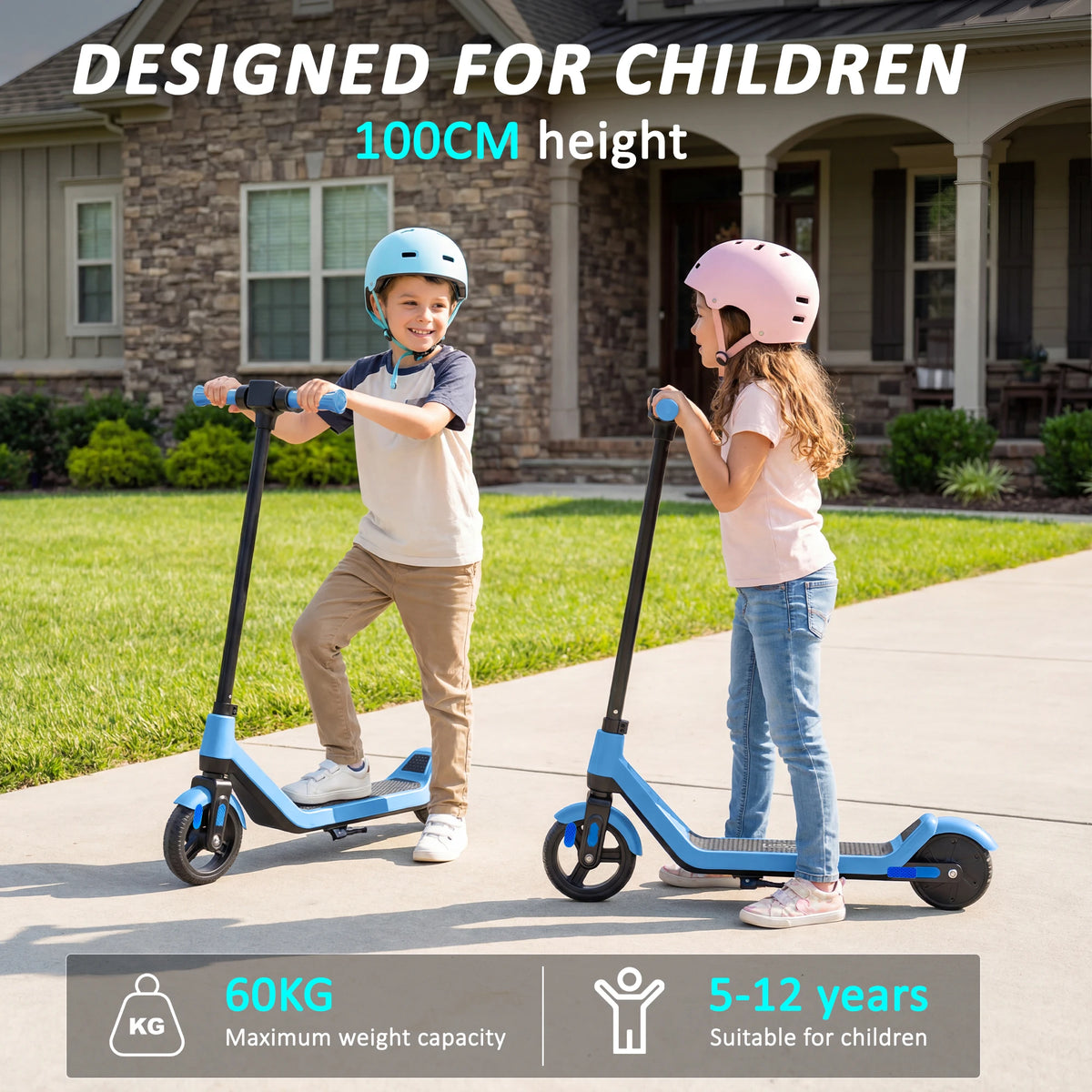 Two kids riding blue electric scooters on a driveway, wearing helmets.