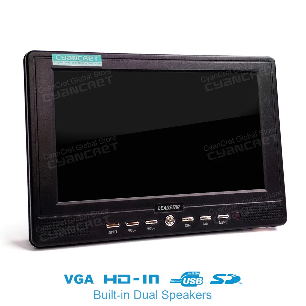 Black 7-inch portable mini TV with front control buttons, speaker grille, and LEADSTAR branding.