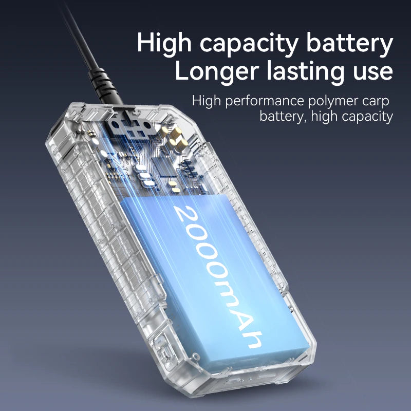 Clear housing revealing the 2000mAh internal battery and electronic circuit board of the inspection camera.