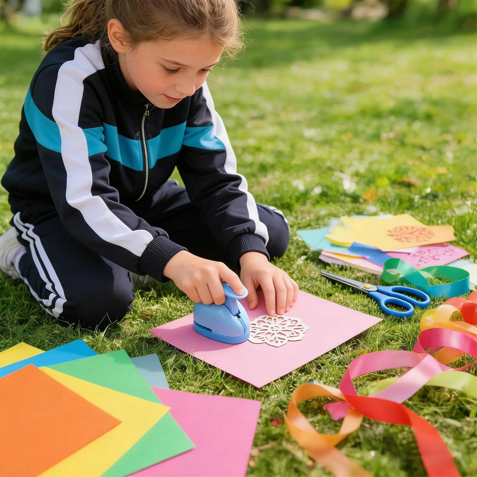 A light blue craft punch creating a decorative flower shape on pink paper, surrounded by colourful card and ribbons.