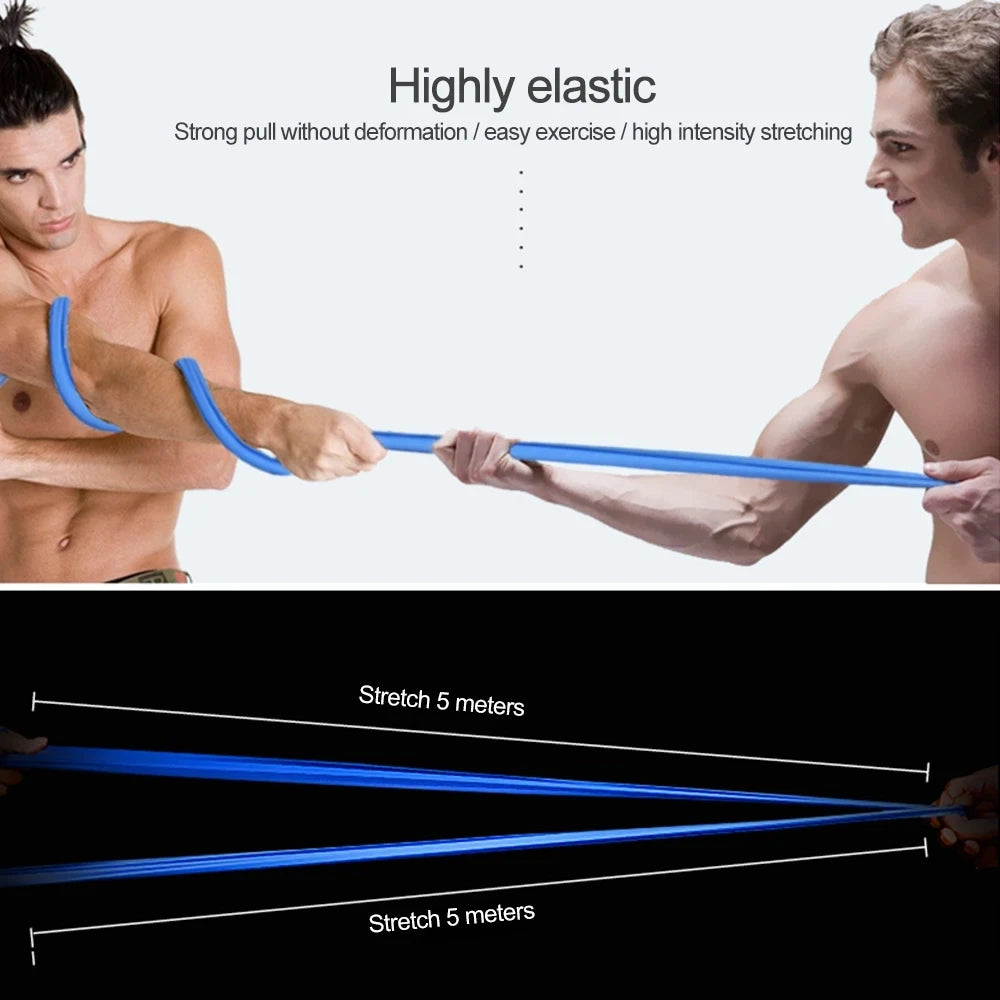 Two men demonstrating a blue, highly elastic workout resistance band capable of stretching up to five metres.