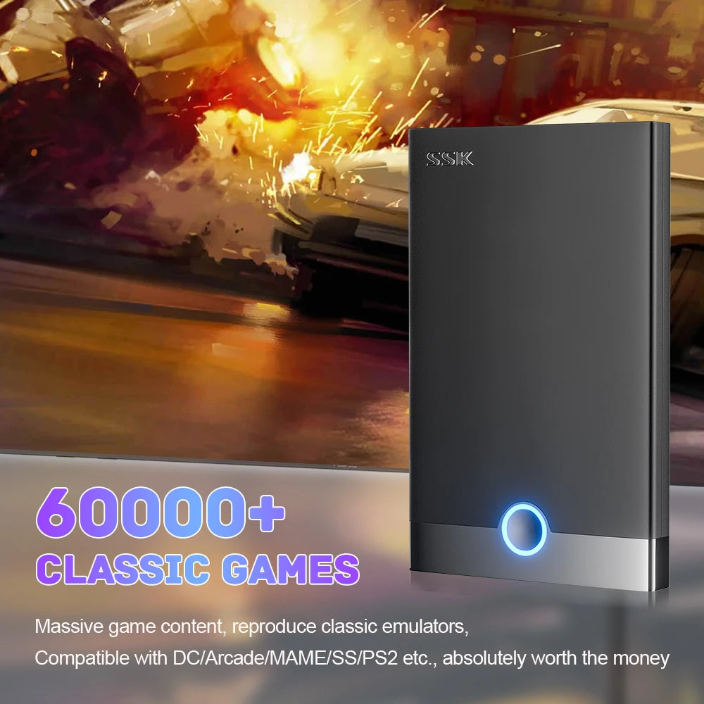 Black SSK external hard drive with blue glowing power button and silver trim, standing upright.
