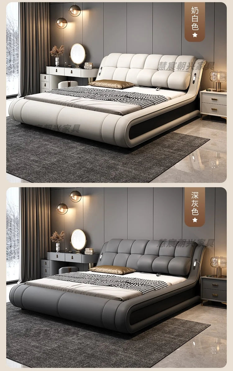 Modern, low-profile genuine leather bed frames in cream and dark grey, featuring a tufted headboard and curved frame.