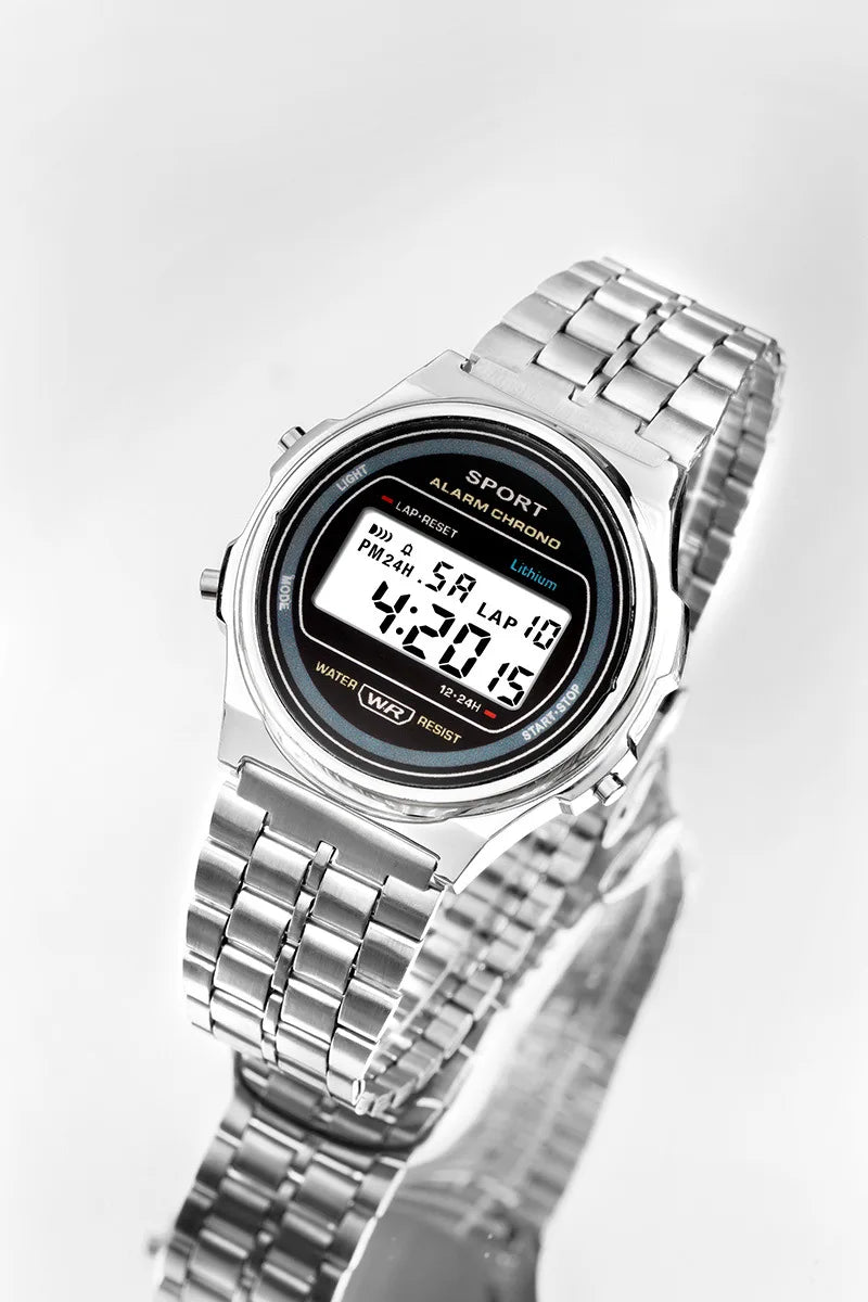 A silver retro-style digital watch with a matching link strap and black LED display featuring sport functions.