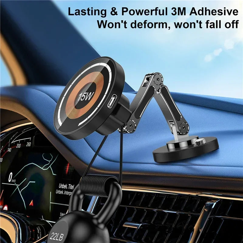 Black, adjustable car phone mount with a magnetic 15W wireless charging pad attached to a dashboard surface.