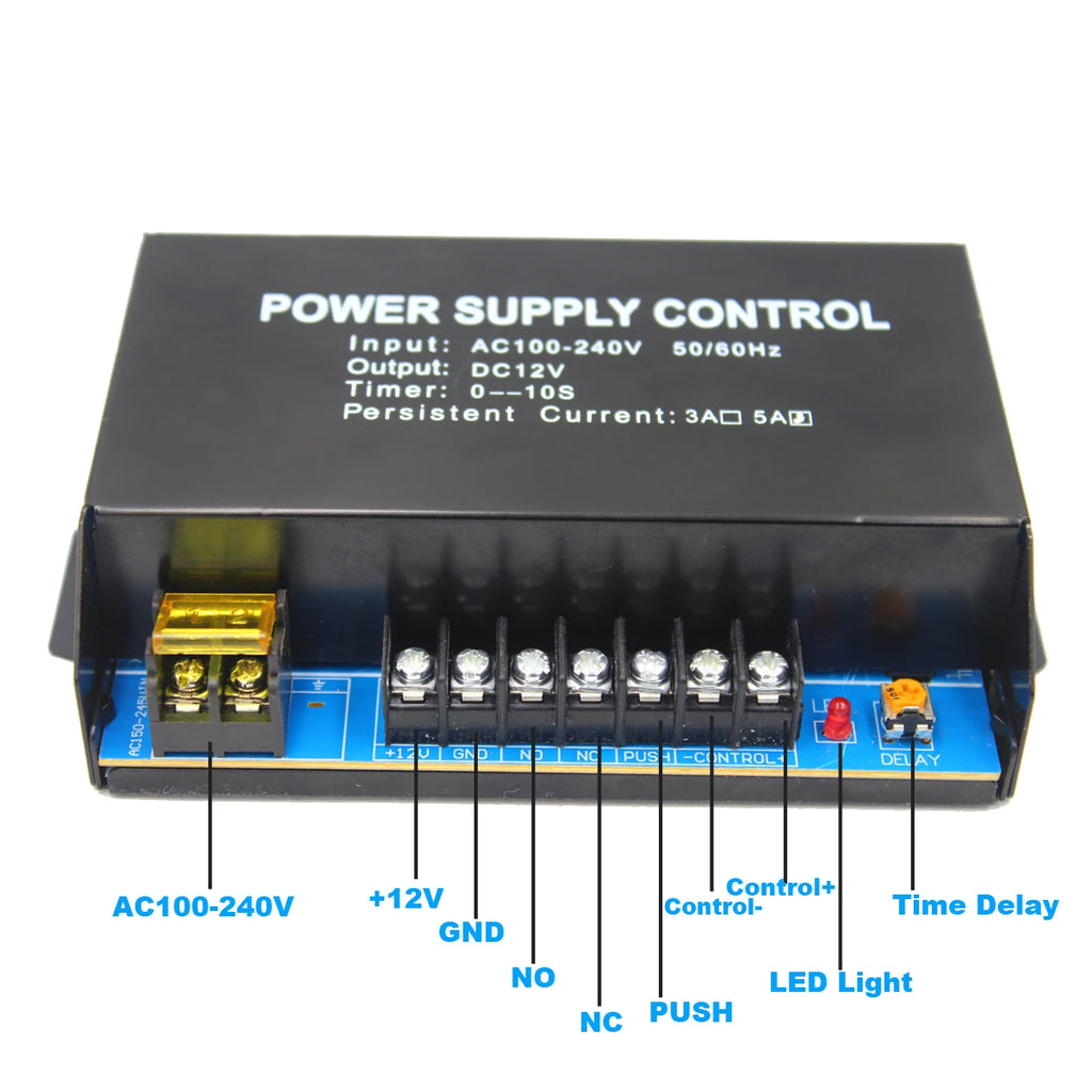 Black metal power supply control box with screw terminal block, LED indicator, and adjustable time delay dial.