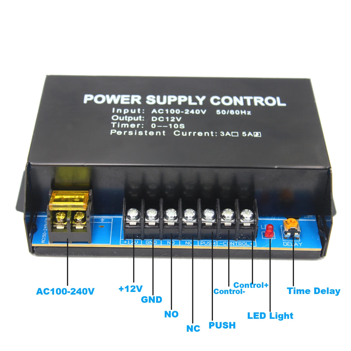 Black metal power supply control box with screw terminal block, LED indicator, and adjustable time delay dial.