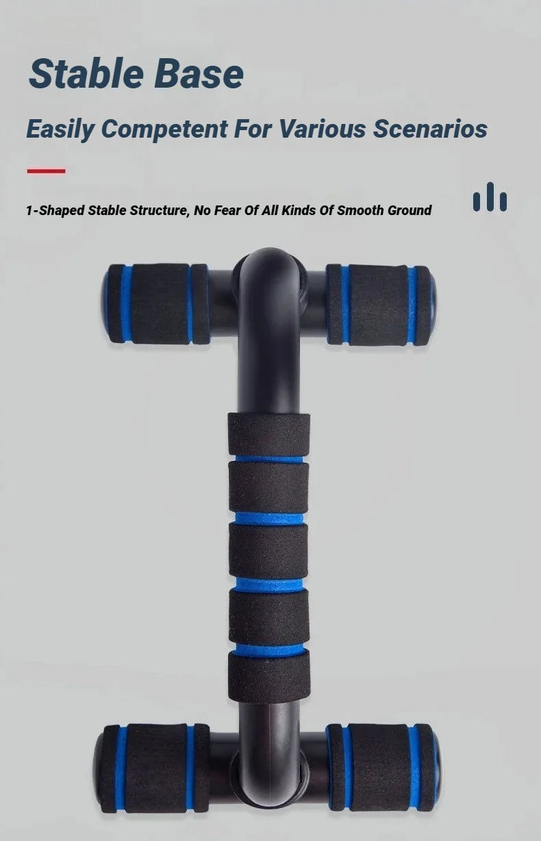 Black push-up bar with blue foam-padded handles, featuring an I-shaped frame on a light grey background.