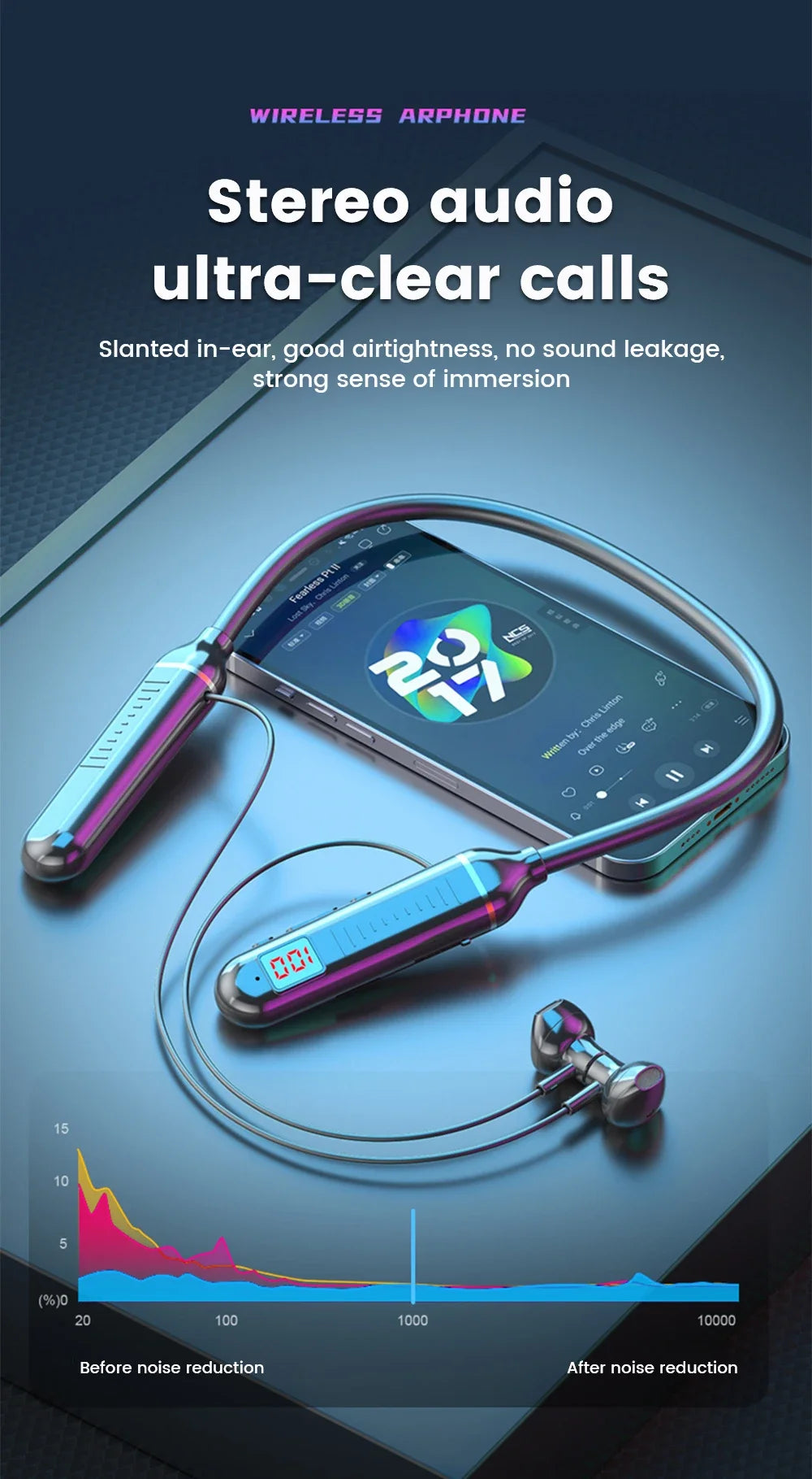 Metallic blue wireless neckband earphones featuring an integrated LED battery display, shown next to a smartphone.