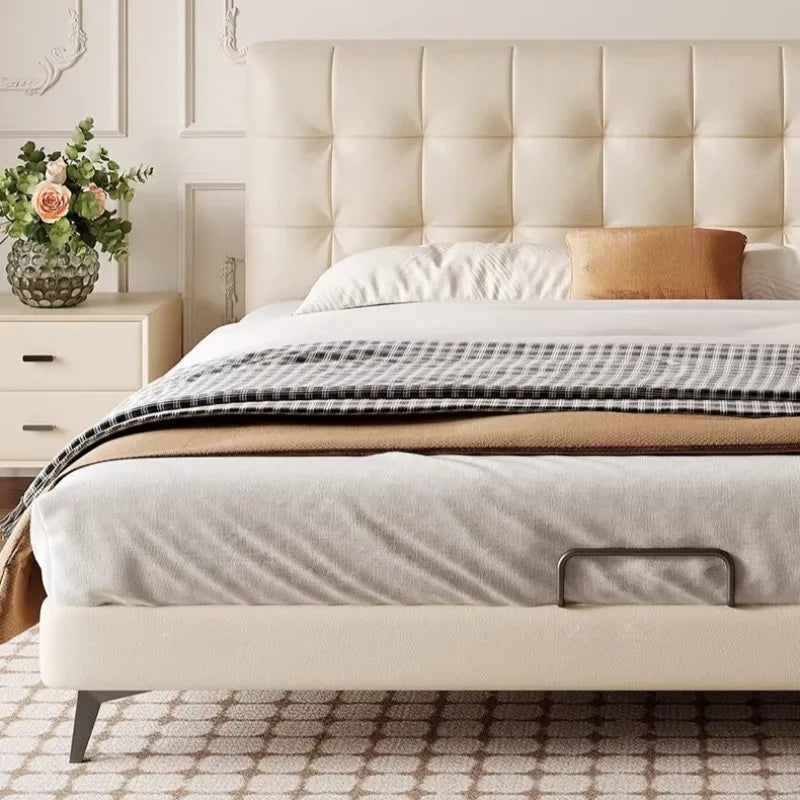 Minimalist cream bed frame featuring a tall, square-tufted headboard and sleek, low-profile design.