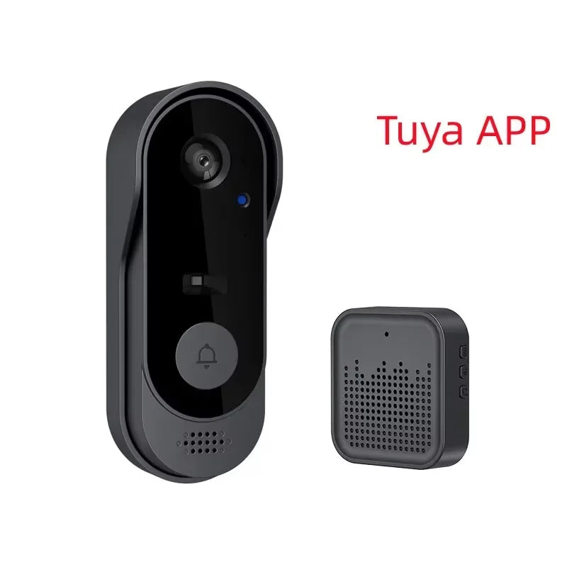 Sleek black wireless HD smart video doorbell with night vision camera, featuring a matching compact wireless chime.