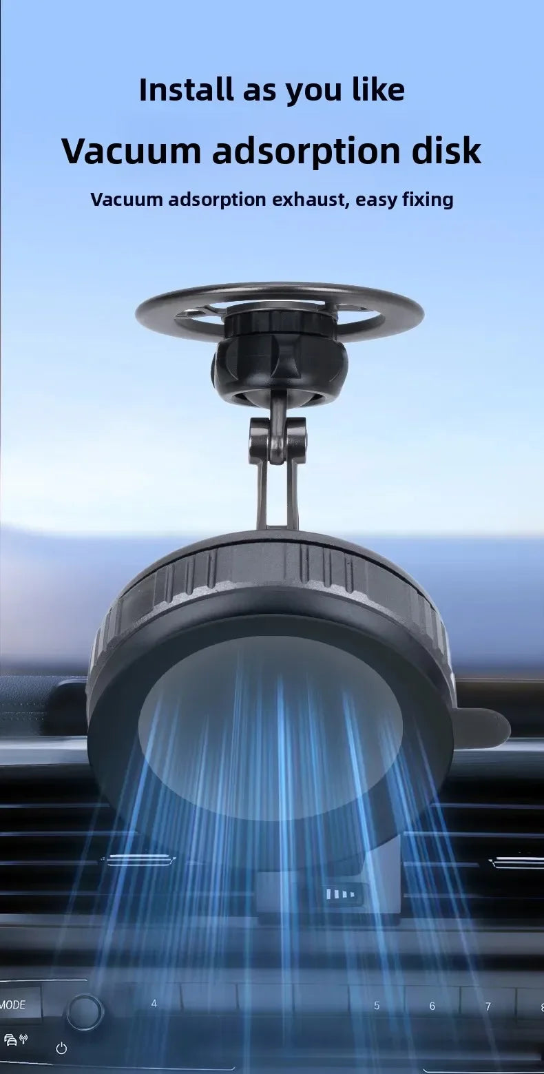 Black vacuum adsorption mounting disk for car dashboards with an adjustable, multi-angle swivel arm.