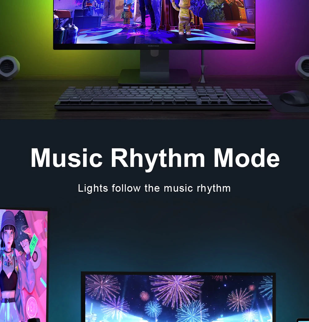 Smart RGB LED backlight strip creating vibrant, colourful ambient light behind a PC monitor, reacting to music rhythm.