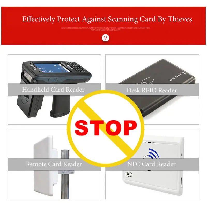A grid of four black and white electronic card readers with a yellow circular stop sign overlaid in the center.