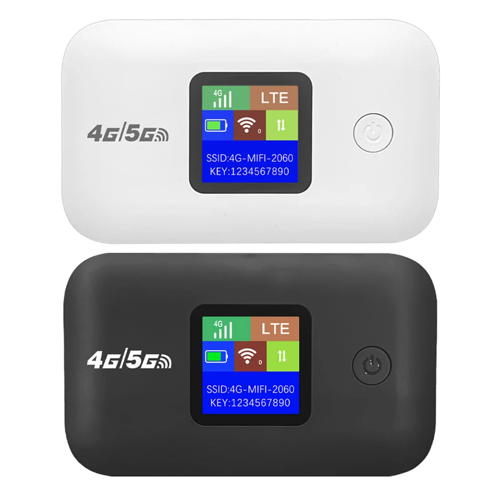 White and black portable 4G LTE mobile Wi-Fi hotspots with digital status screens and power buttons.
