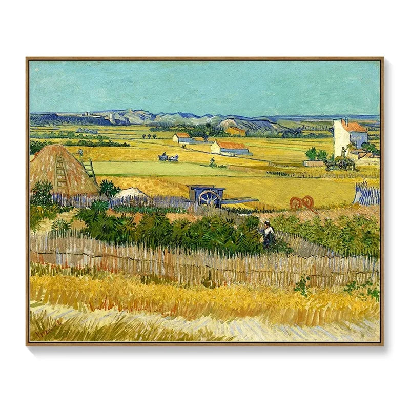 Framed wall art meter box cover featuring a vibrant Van Gogh-style landscape of golden wheat fields and blue skies.