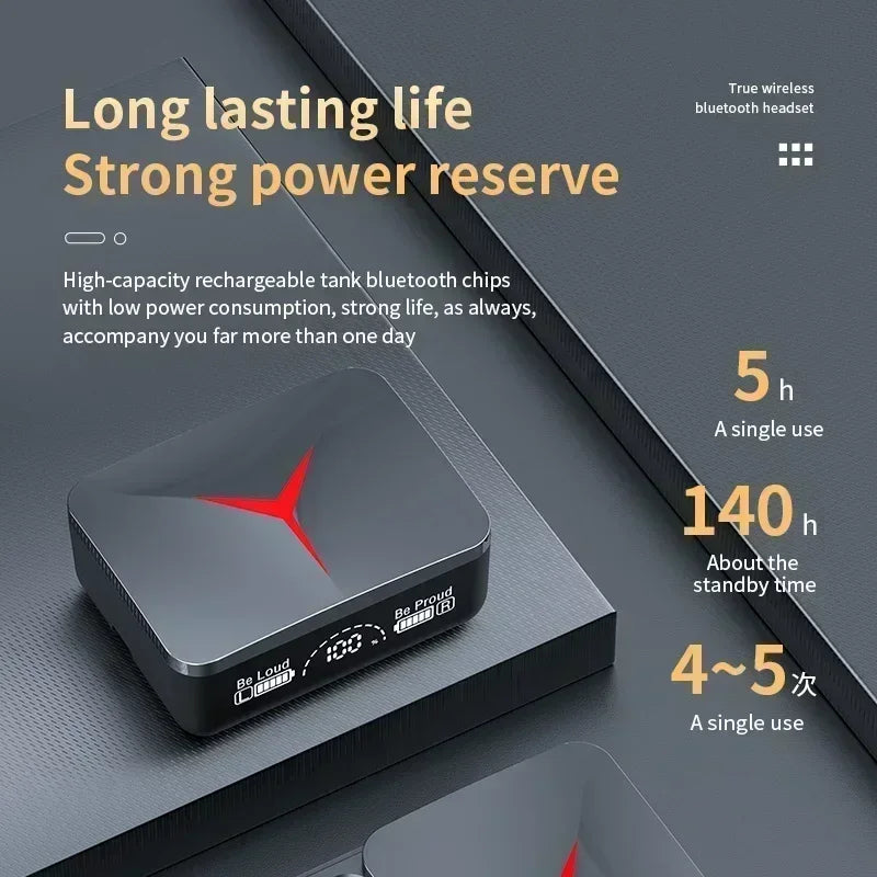 Black wireless earbud charging case with a glowing red Y-logo and digital battery display screen.
