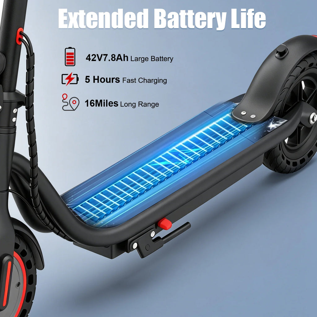 Black ATSANT W3 electric scooter deck with a glowing blue battery graphic and text highlighting its battery life.