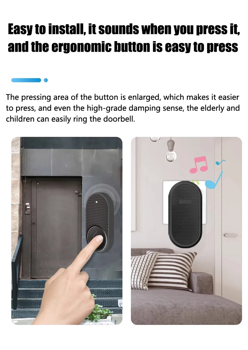 A sleek, black wireless doorbell with an easy-press button and indoor chime unit, shown in home settings.